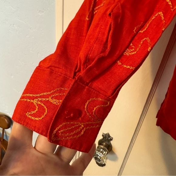 Josephine Chaus Blouse Linen Embroidered Vibrant Orange Shirt Button Up Size 8 - Picture 5 of 13